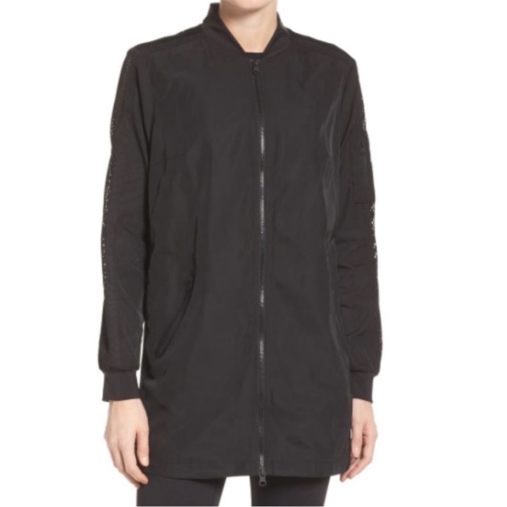 Blank Noir Mesh Panel Long Nylon Bomber Style Jacket In Black, Size S